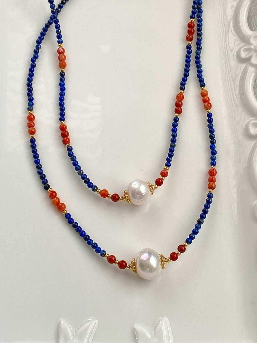GP59-Lapis Lazuli, Red Agate And Edison Pearl Necklace - Picture 5 of 15